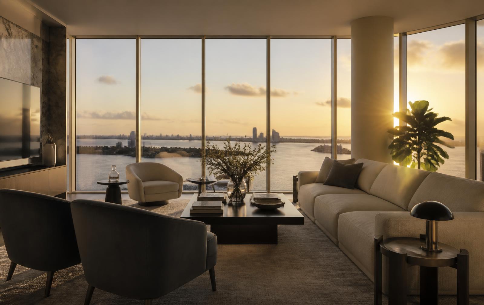 Sala de um apartamento de alto padrão em Miami com vista para a baía