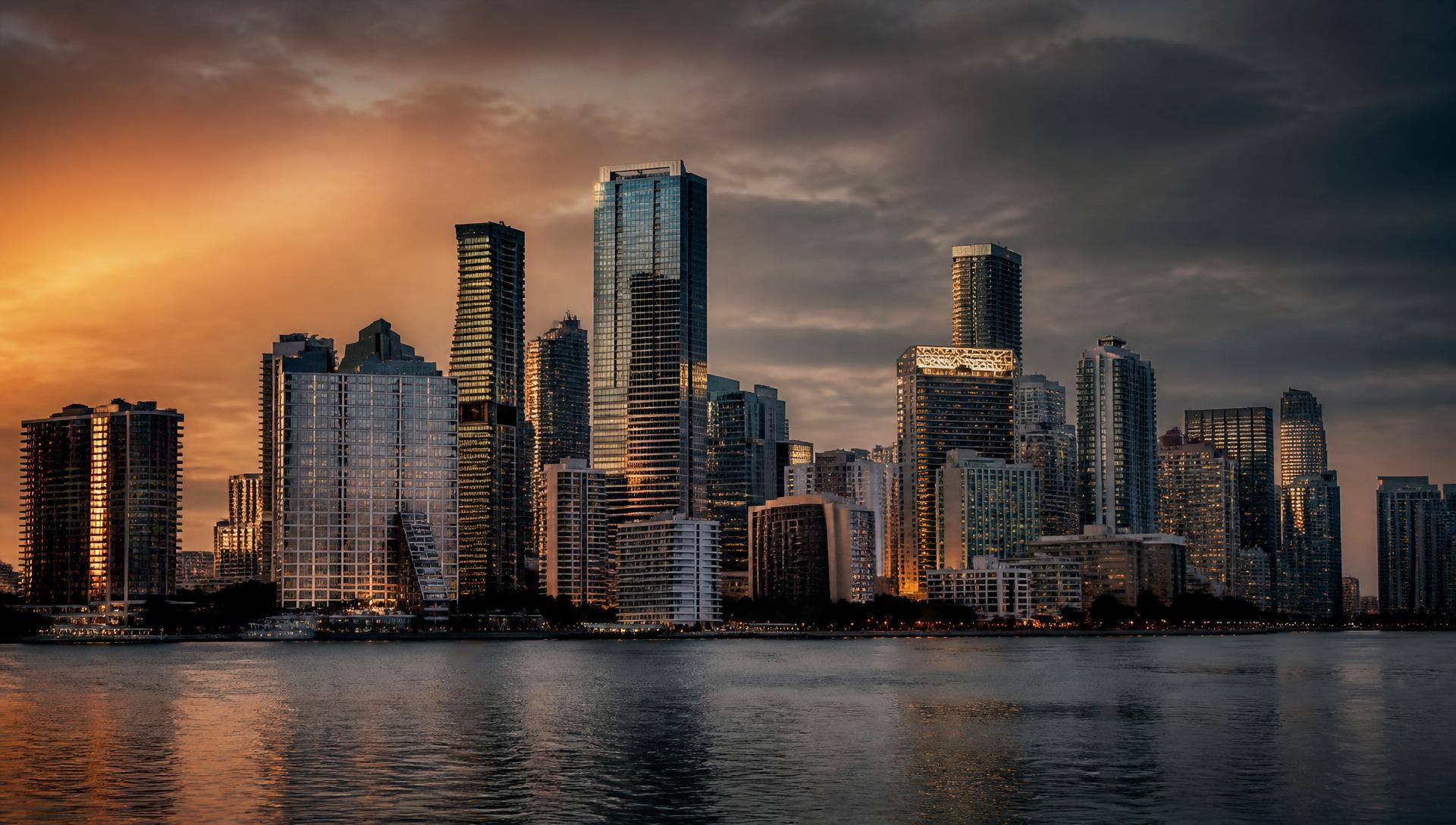 Skyline de Brickell e Downtown Miami ao anoitecer, visto da Baía de Biscayne